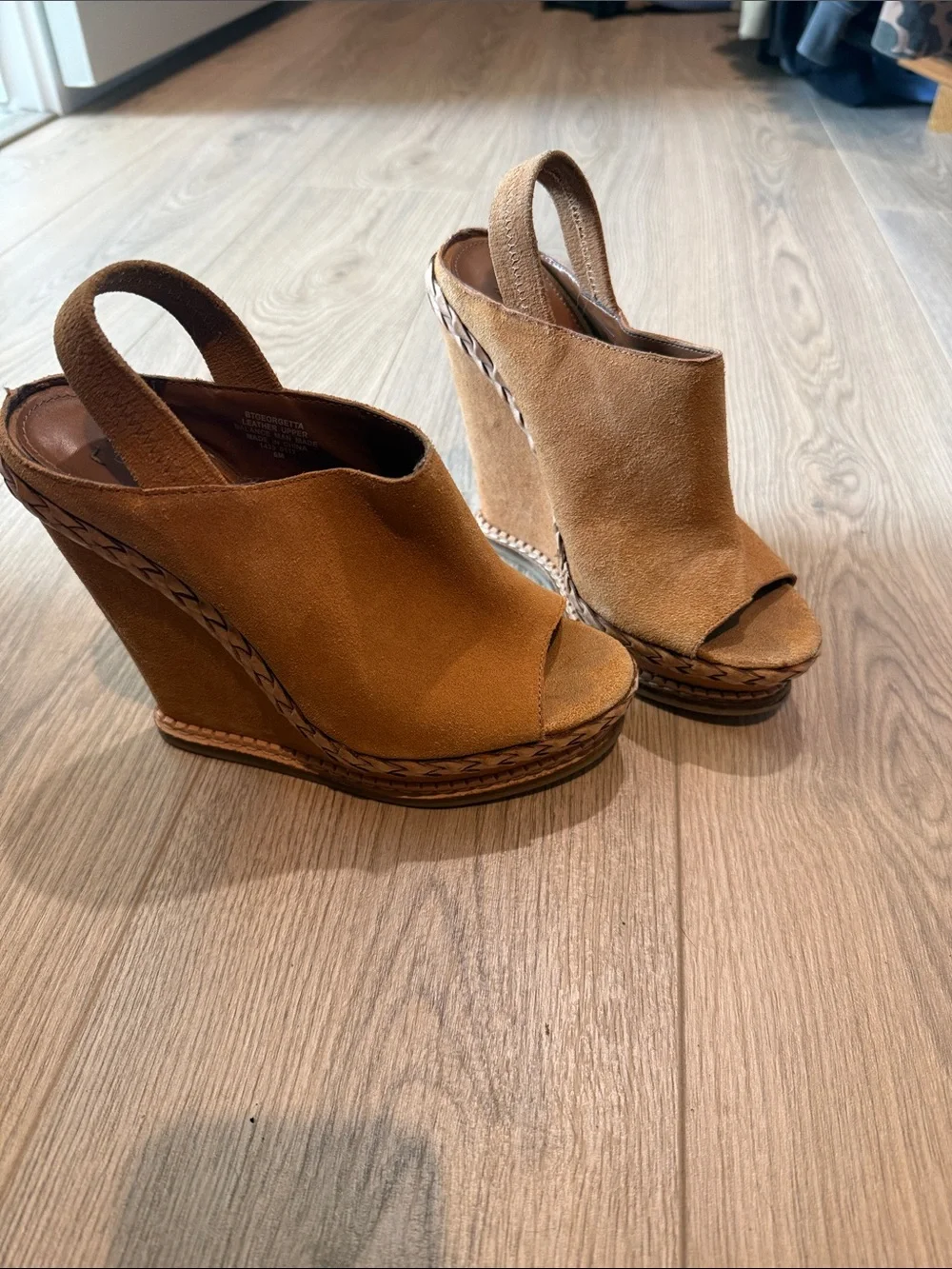 Boutique 9 Tan Suede Peep-Toe Slingback Wedges